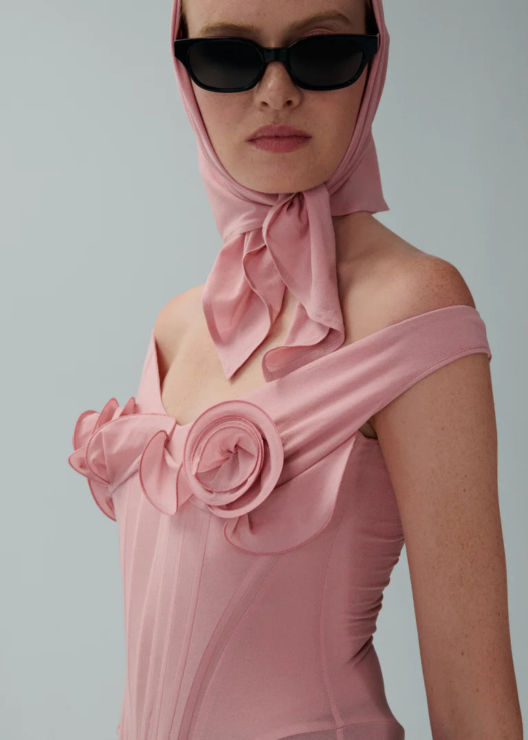 Dinella Floral Appliqué Corset Midi Dress in Pink