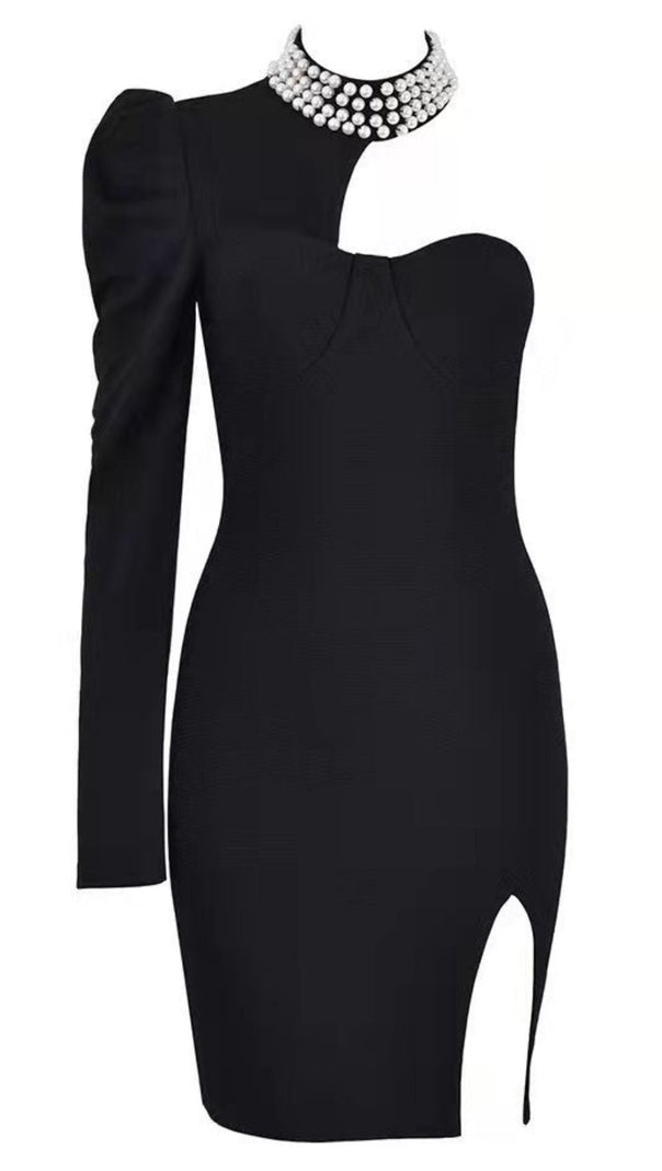 ROTES PERLEN-MINI-BANDAGE-KLEID MIT EINER SCHULTER