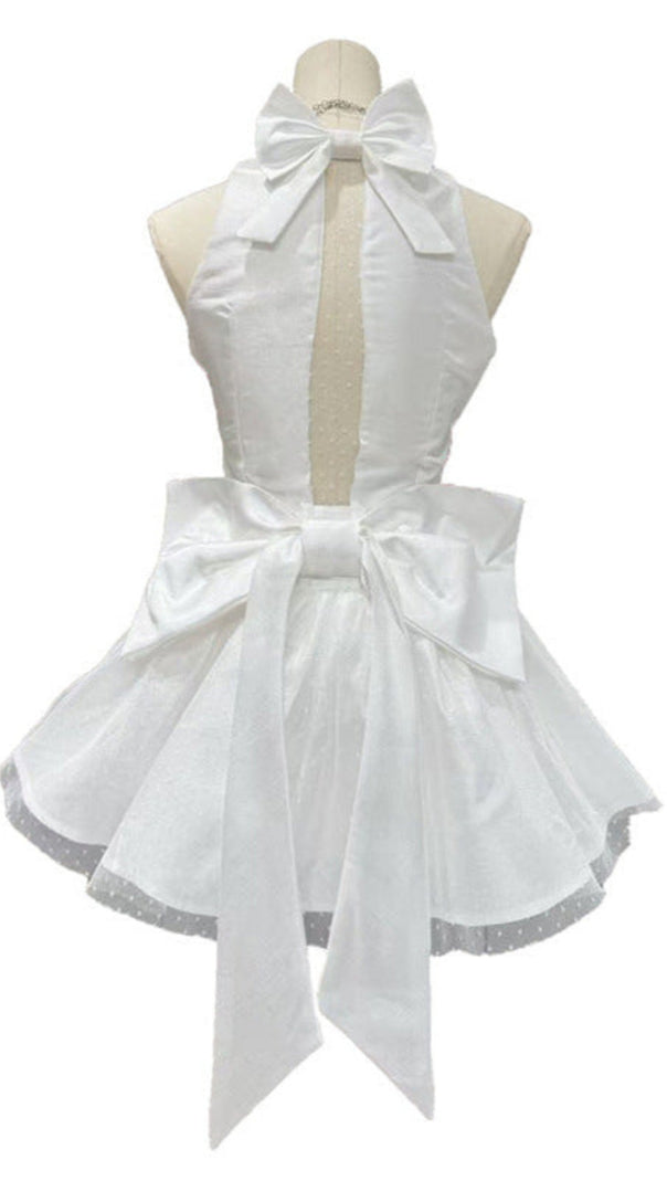 AIIZIE NORA OFF-SHOULDER BACKLESS LACE BOW MINI DRESS IN WHITE - product image