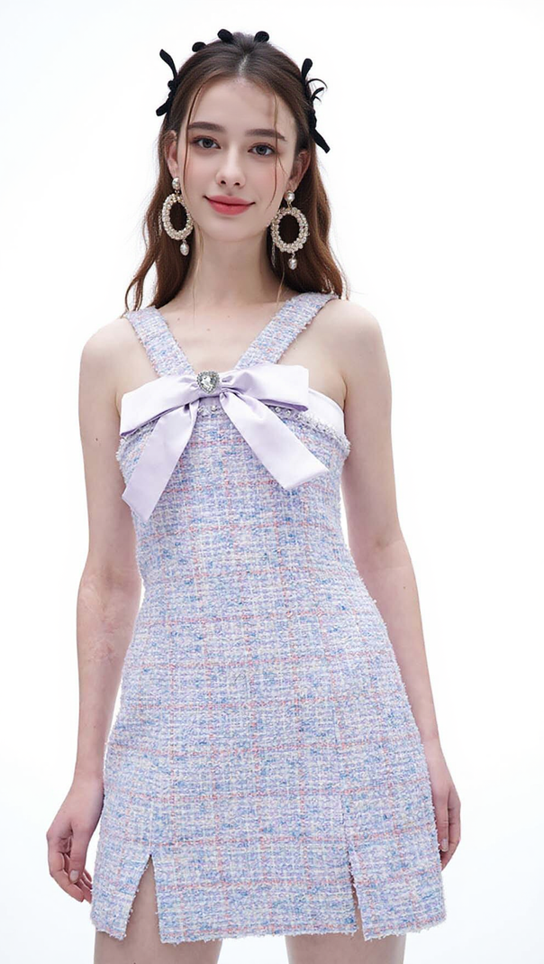 AIIZIE BOWTIE TWEED MINI DRESS IN LAVENDER - product image