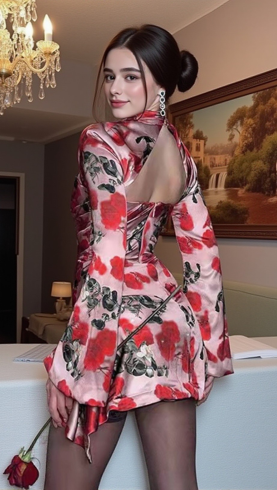 ROSE PRINT CUTOUT DRAPED MINI DRESS