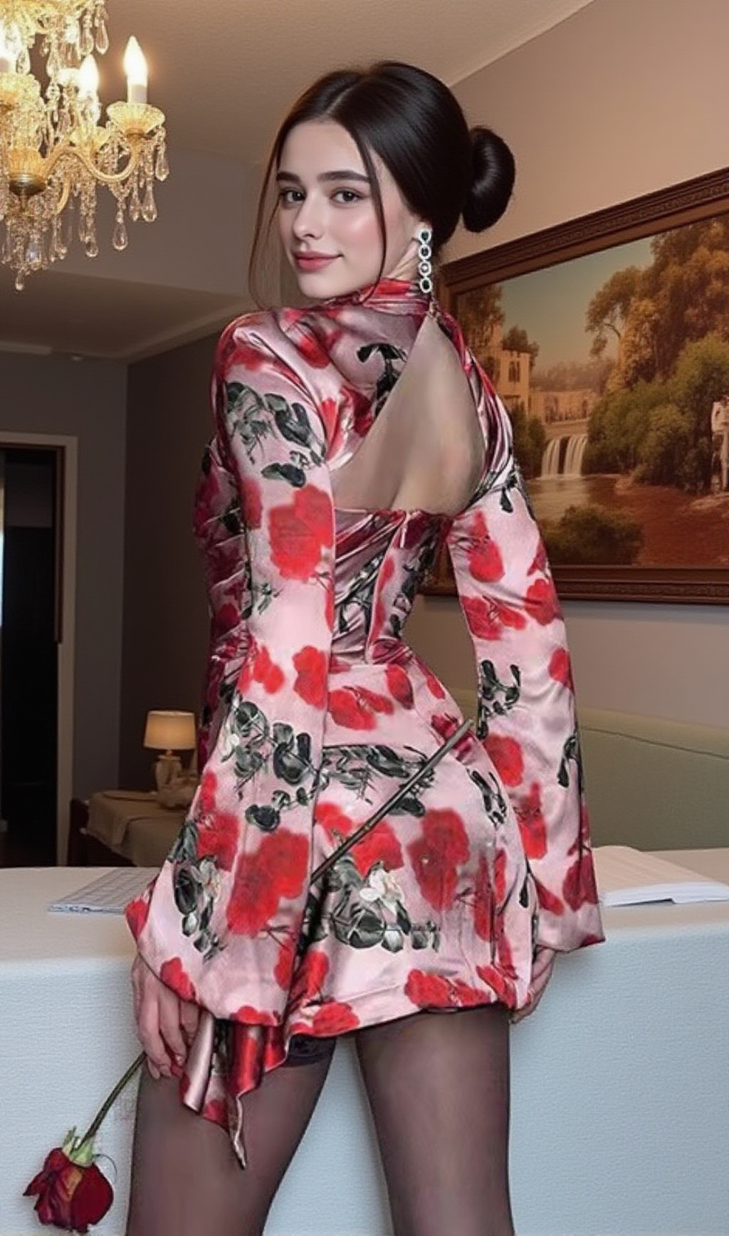 ROSE PRINT CUTOUT DRAPED MINI DRESS