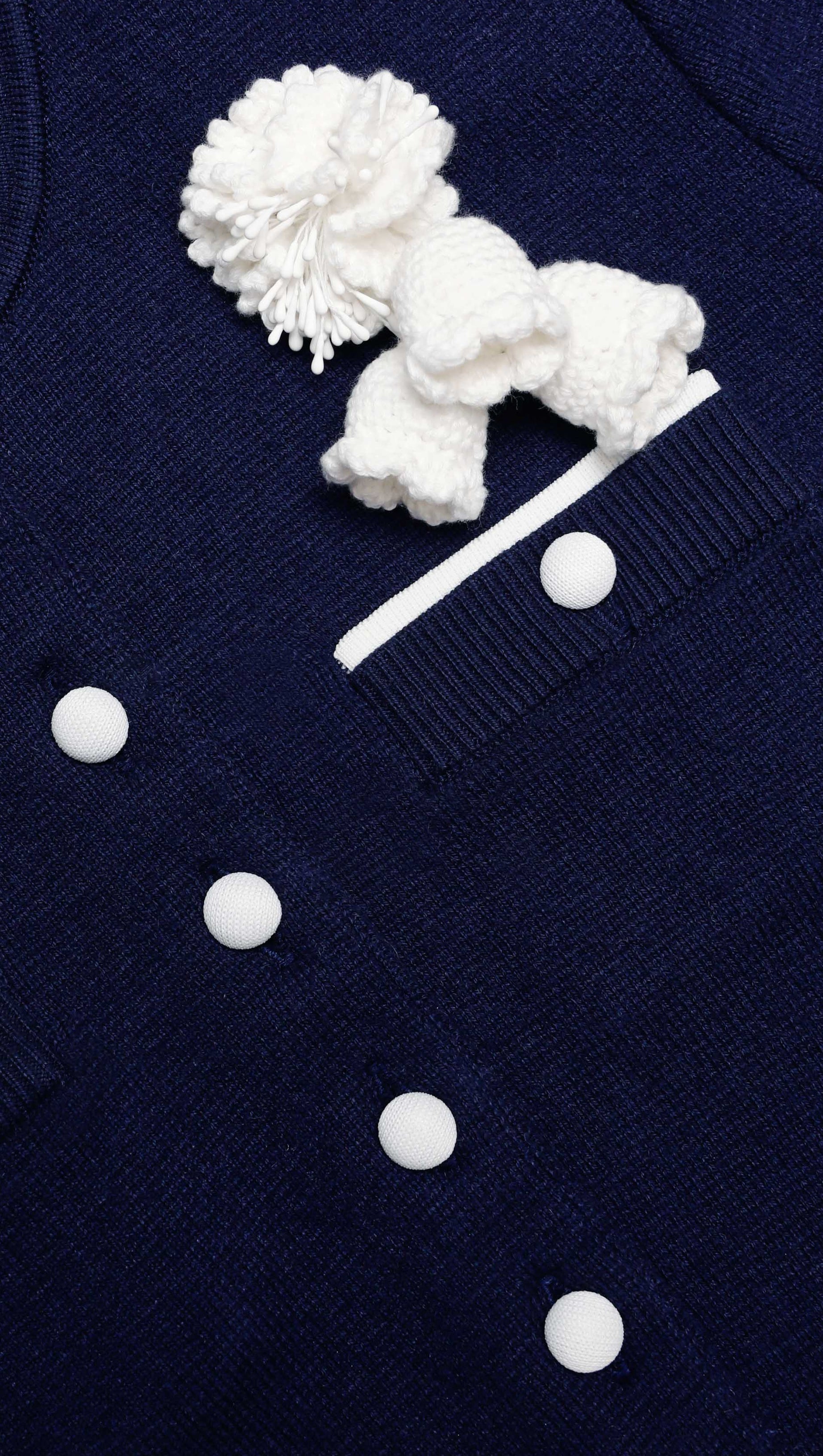 ZENOBIA NAVY CROCHET FLOWER KNIT MIDI DRESS