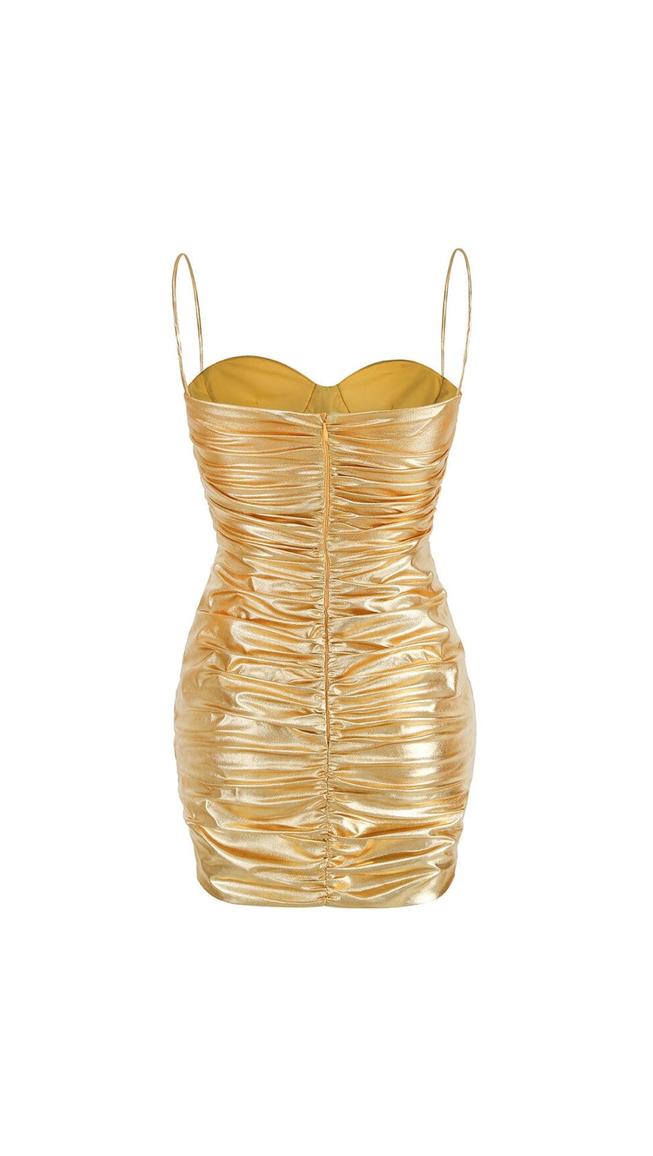 RUCHED METALLIC MINI DRESS IN GOLD