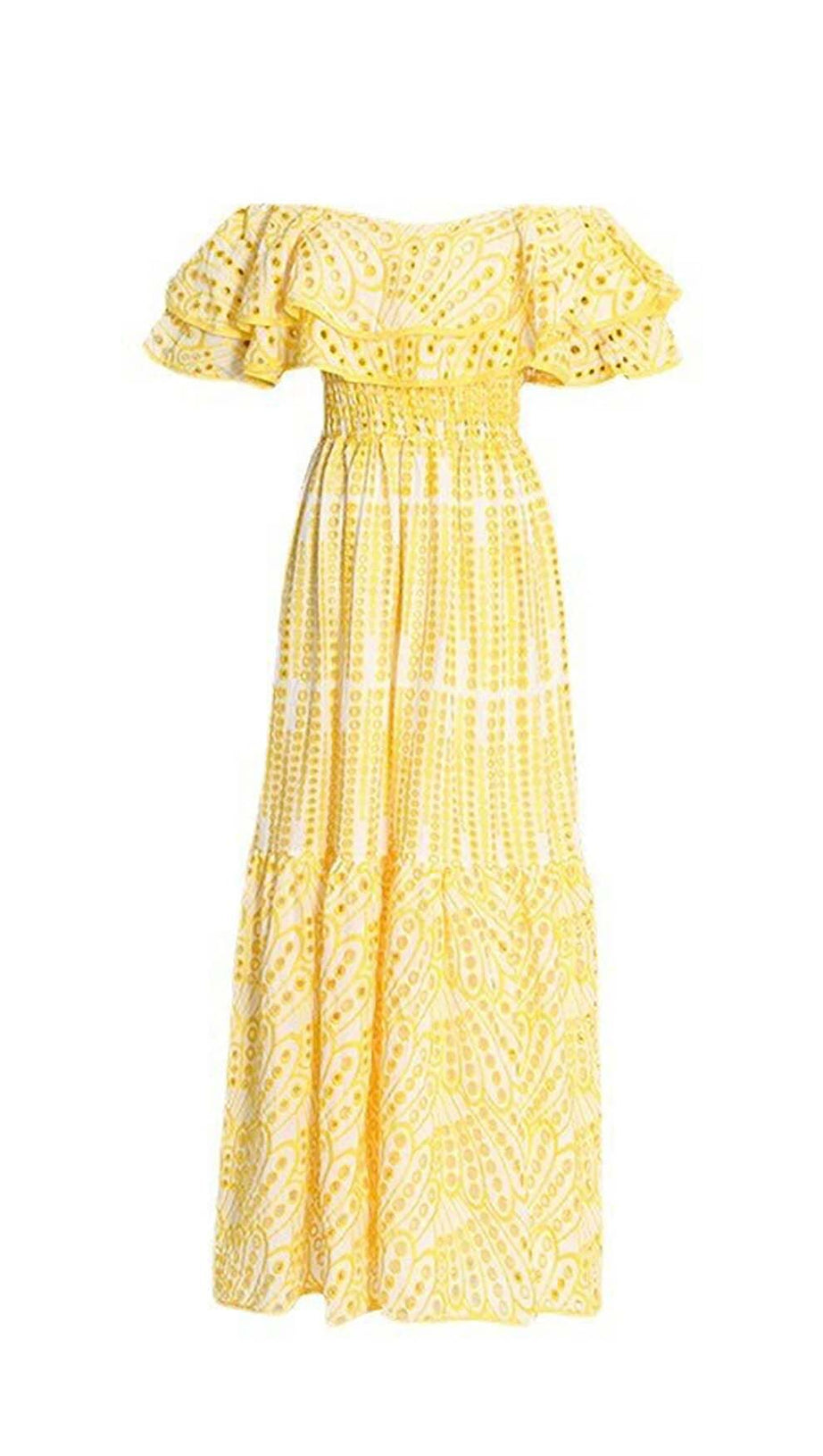 RUFFLE COLD SHOULDER MIDI DRESS IN YELLOW