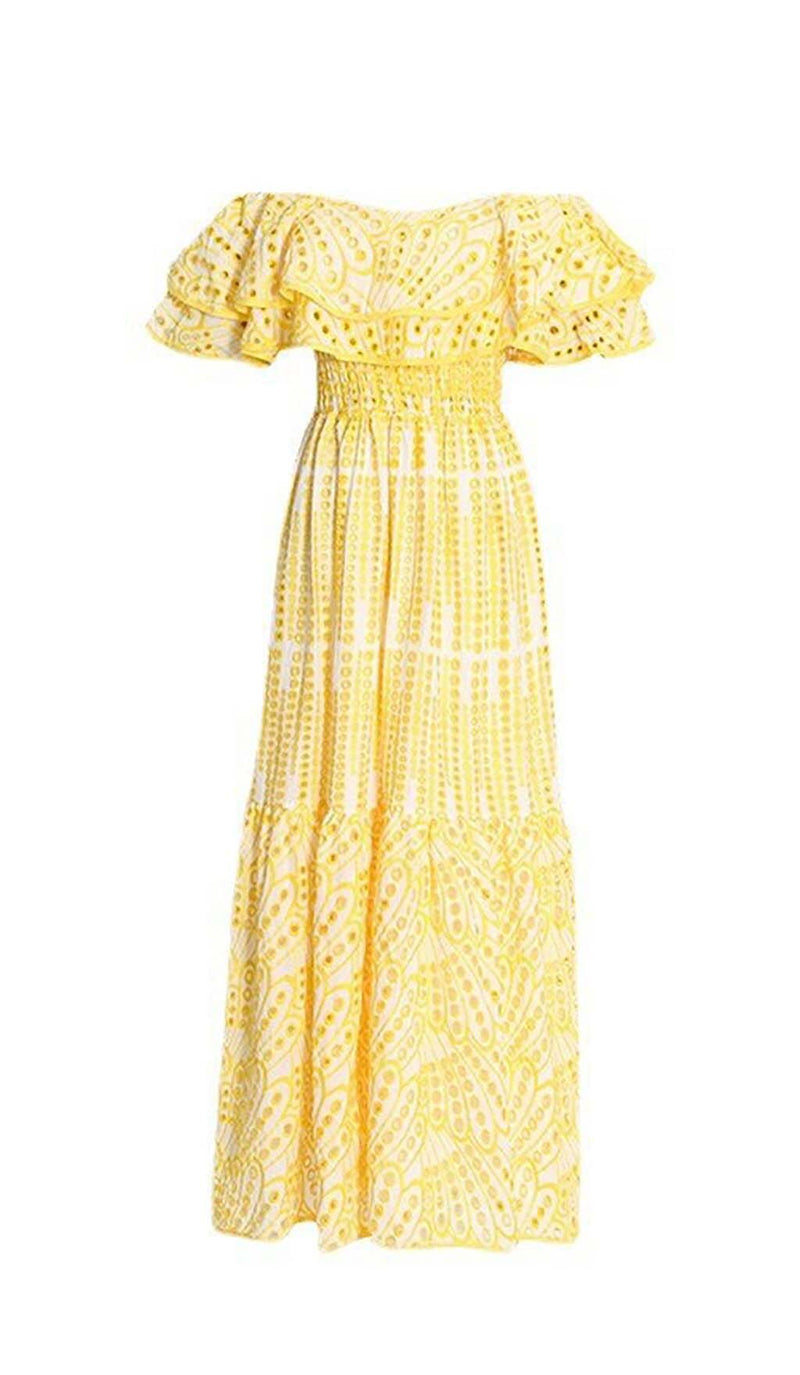 RUFFLE COLD SHOULDER MIDI DRESS IN YELLOW