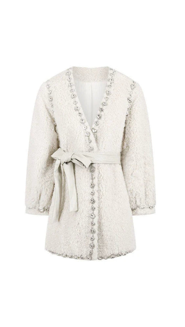 AIIZIE BEIGE V-NECK LONG SLEEVE DIAMOND STUD COAT - product image