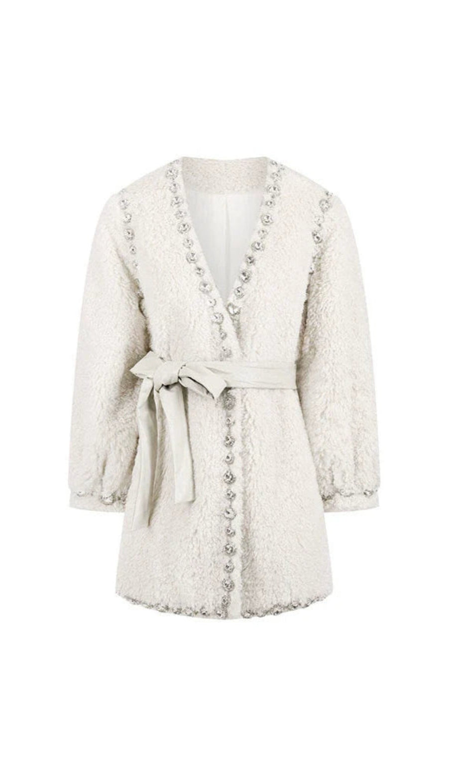 Beige V-Neck Long Sleeve Diamond Stud Coat
