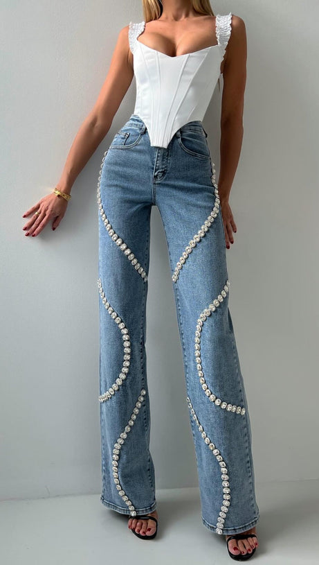 RABIA RHINESTONE JEANS IN BLUE