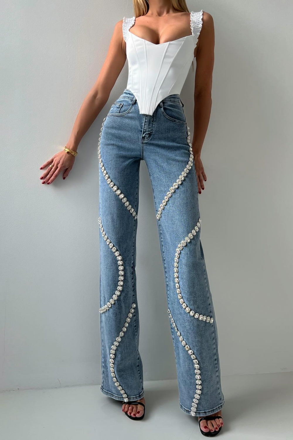 RABIA RHINESTONE JEANS IN BLUE