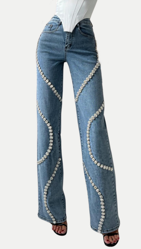 RABIA RHINESTONE JEANS IN BLUE