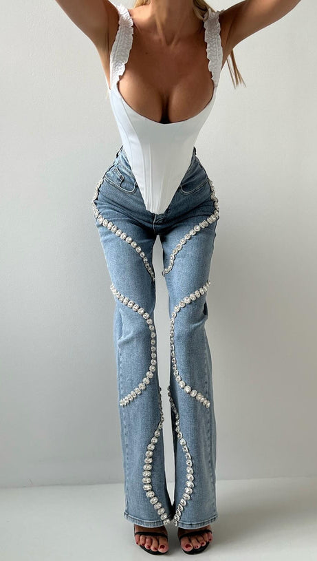 RABIA RHINESTONE JEANS IN BLUE