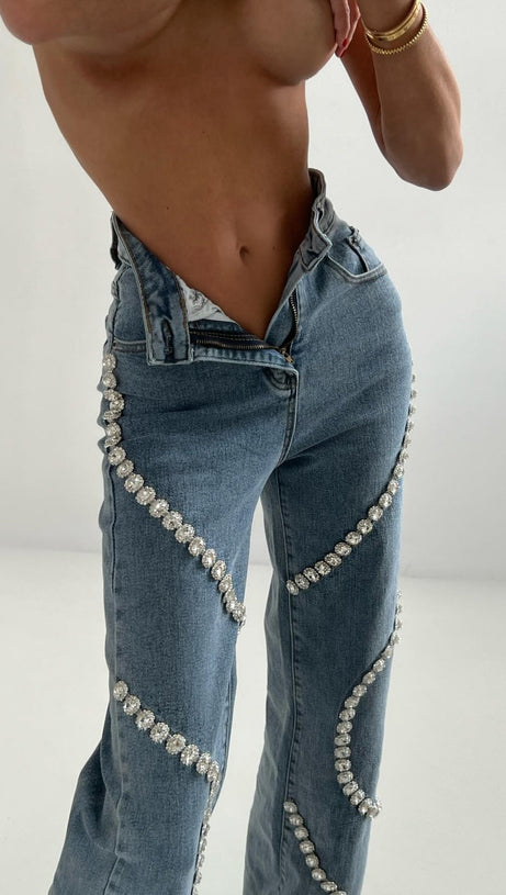 RABIA RHINESTONE JEANS IN BLUE
