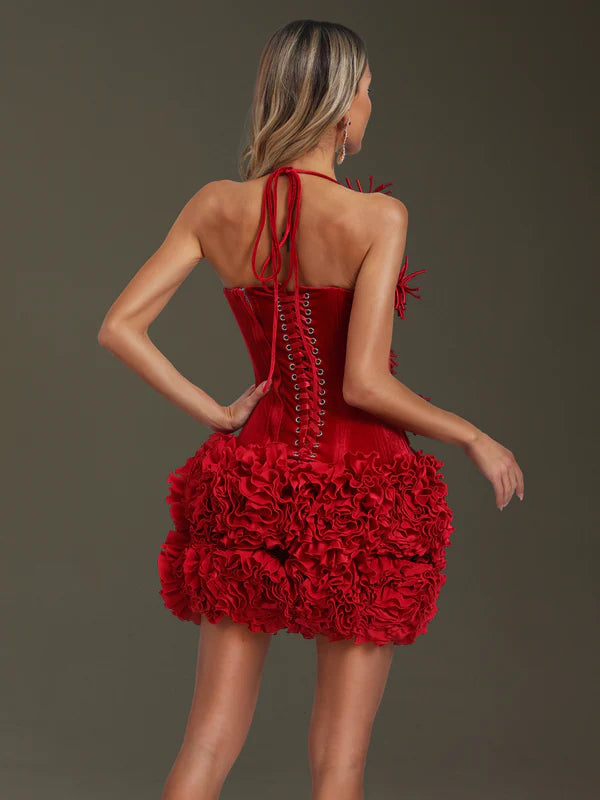 COMPLETO CON MINIGONNA FLOREALE E CORSETTO IN VELLUTO ROSSO