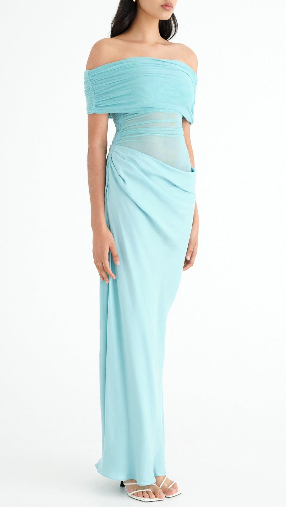 OFF SHOULDER RUCHED MESH MAXI DRESS IN BLUE