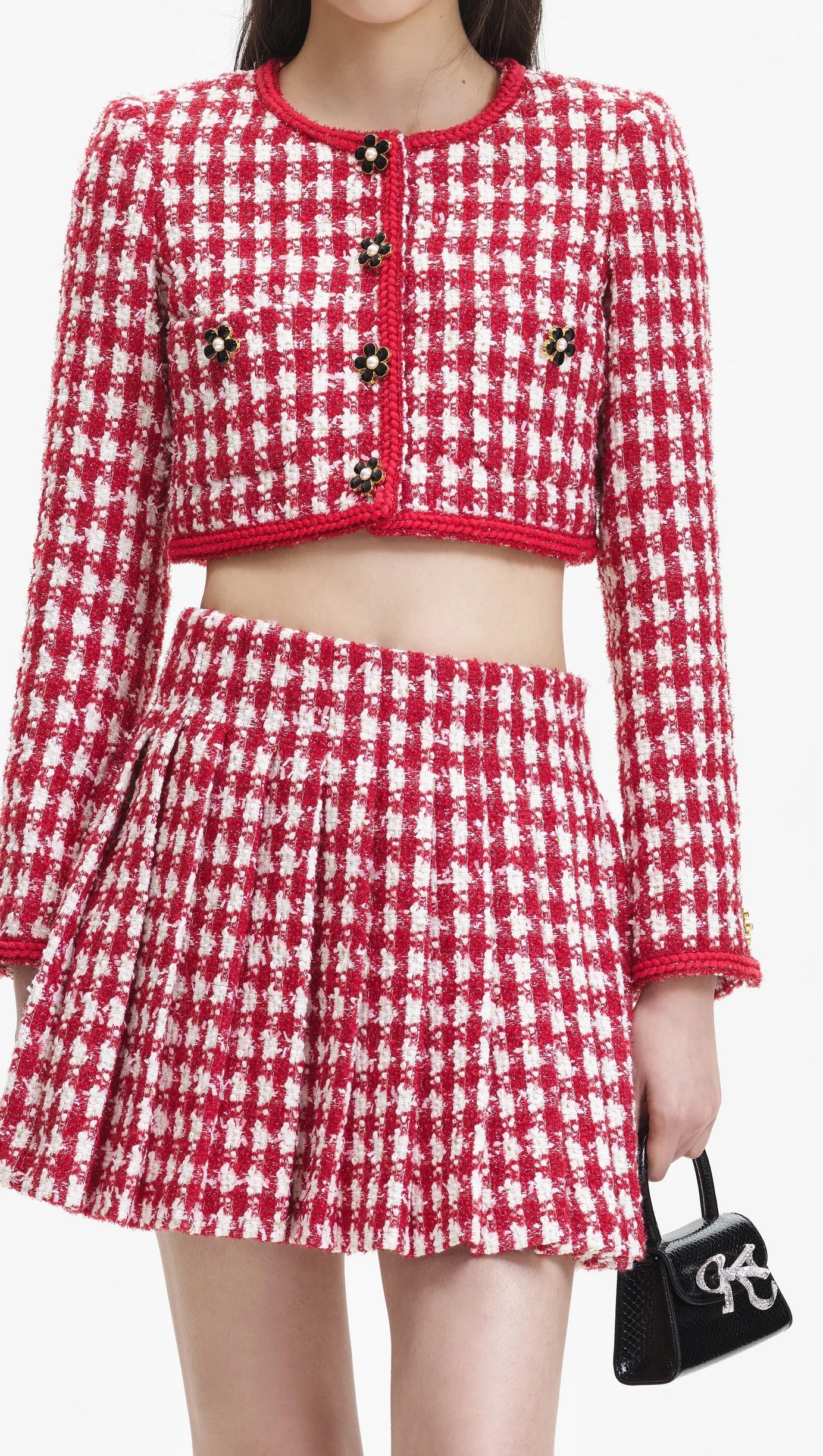 RED CHECK BOUCLE PLEATED MINI SKIRT