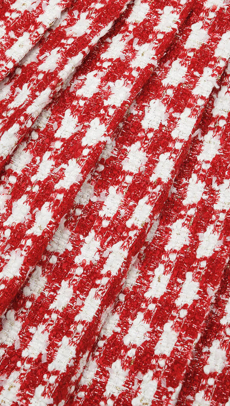 RED CHECK BOUCLE PLEATED MINI SKIRT