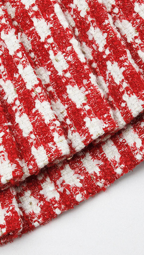 RED CHECK BOUCLE PLEATED MINI SKIRT