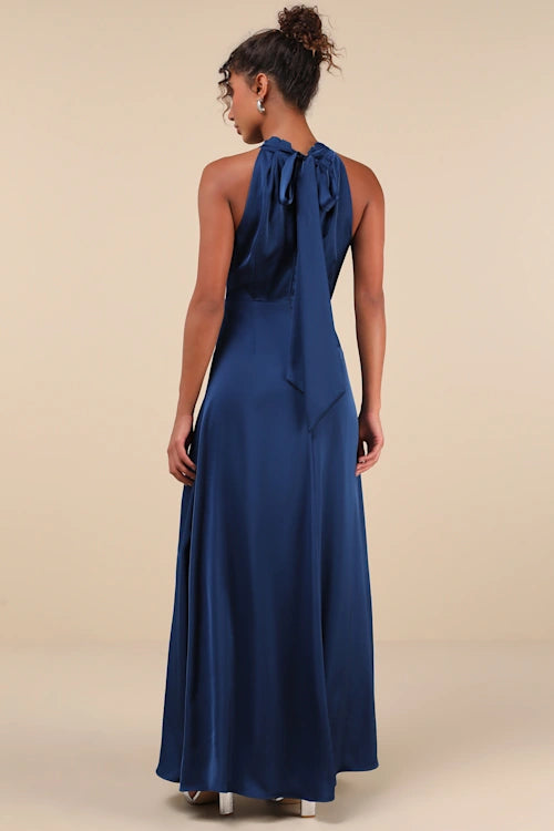 REGAL LOVELINESS BLUE SATIN PLEATED MOCK NECK MAXI DRESS