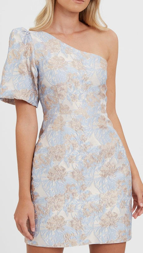 ONE-SHOULDER JACQUARD MINI DRESS IN BLUE-MULTI