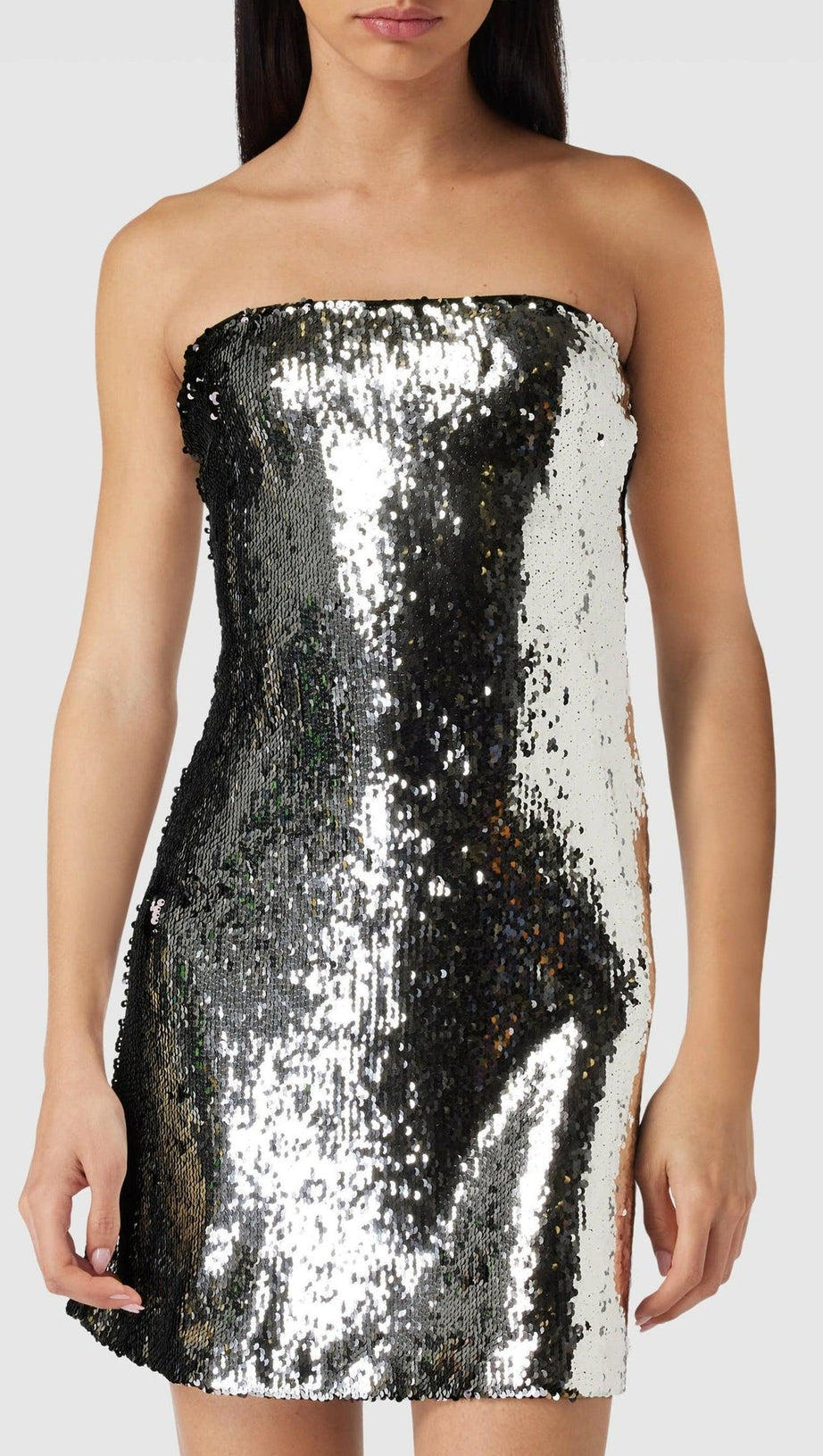 OFF-SHOULDER SEQUIN EMBELLISHED MINI DRESS IN SILVER