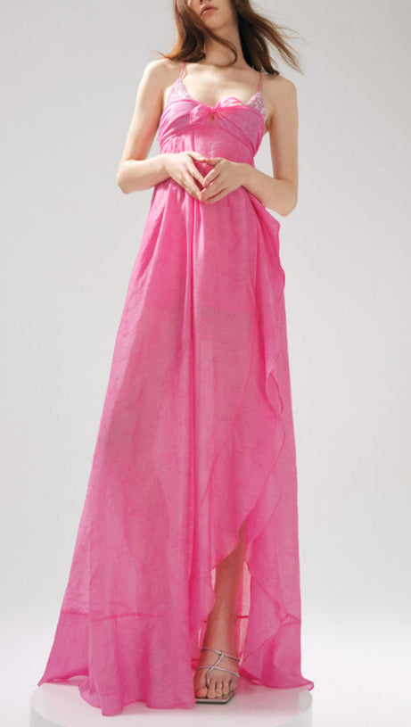 ROSE JACQUARD PATCHWORK ASYMMETRIC RUFFLE TAILORED DRESS