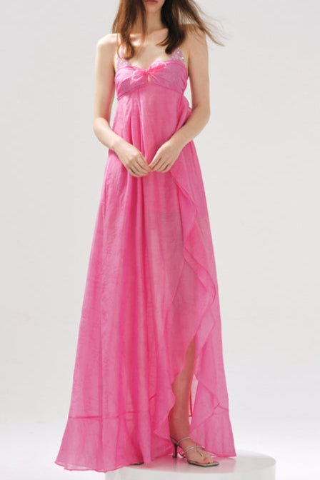 ROSE JACQUARD PATCHWORK ASYMMETRIC RUFFLE TAILORED DRESS