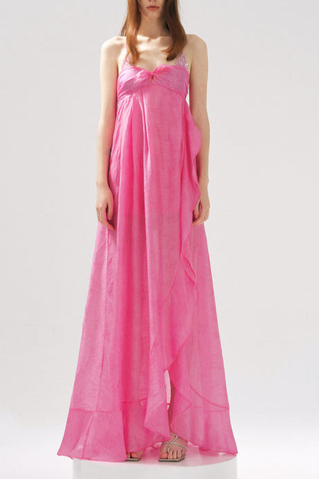 ROSE JACQUARD PATCHWORK ASYMMETRIC RUFFLE TAILORED DRESS