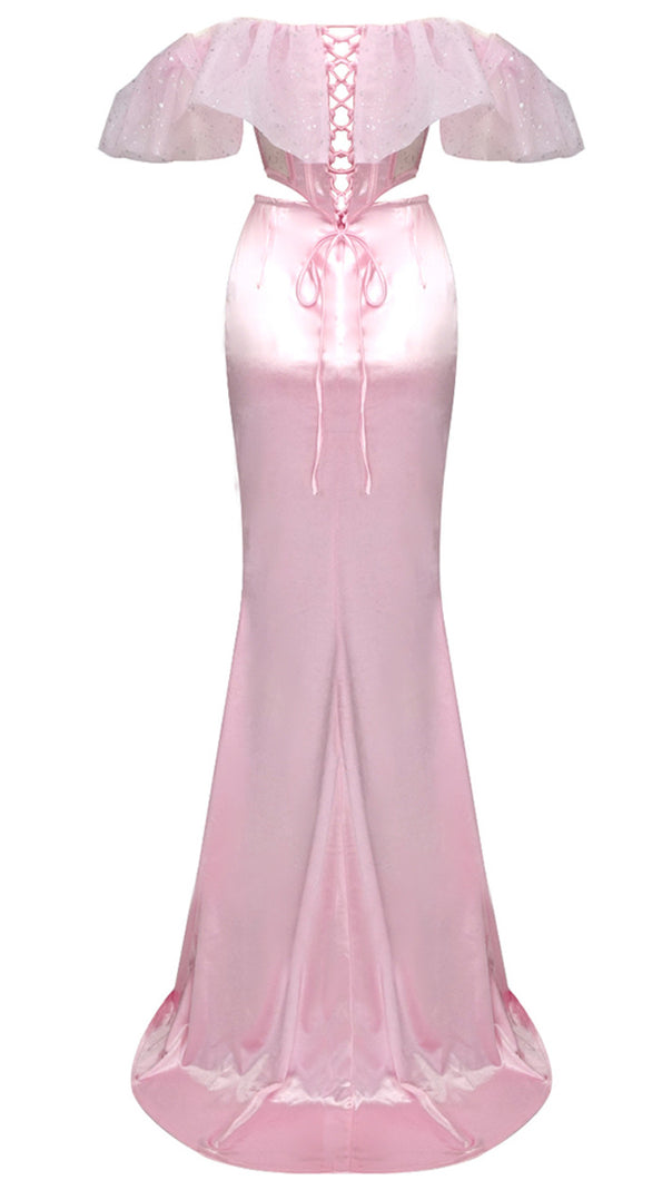 AIIZIE RUFFLE BARDOT CORSET TWO PIECE MAXI DRESS PINK - product image