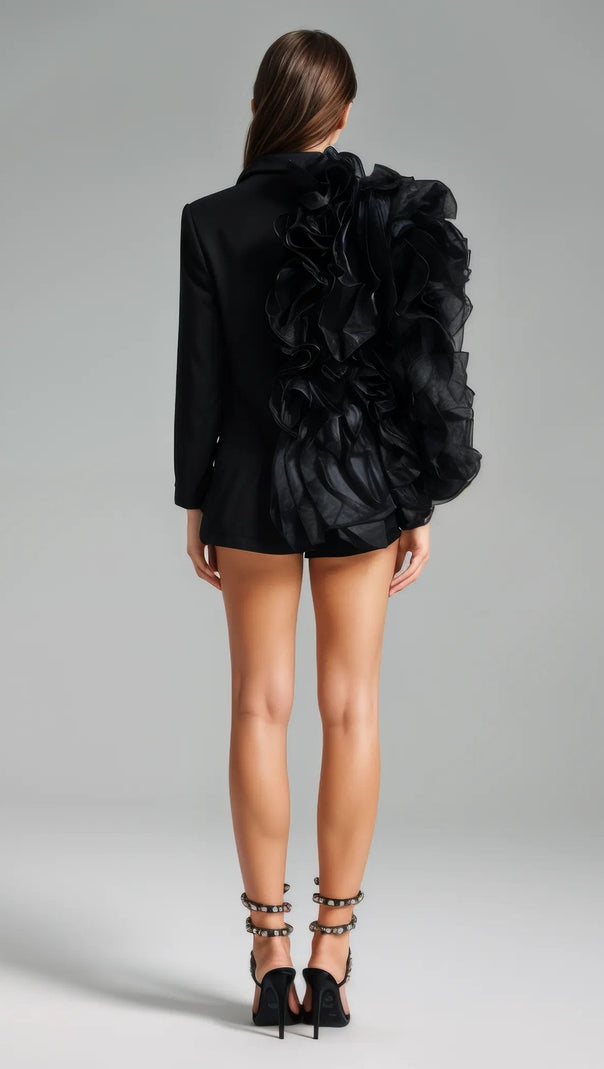 AIIZIE PATCHWORK RUFFLES CHIC BLAZER IN BLACK - product image