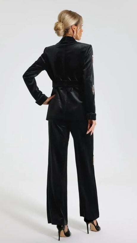 BLAZER IN VELLUTO CON DECORAZIONI A DIAMANTI, COMPOSTO DA 2 PEZZI, NERO