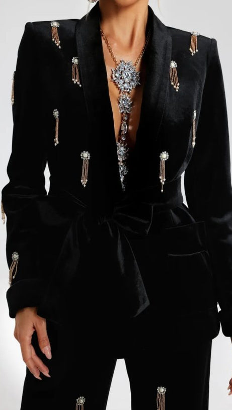 BLAZER IN VELLUTO CON DECORAZIONI A DIAMANTI, COMPOSTO DA 2 PEZZI, NERO