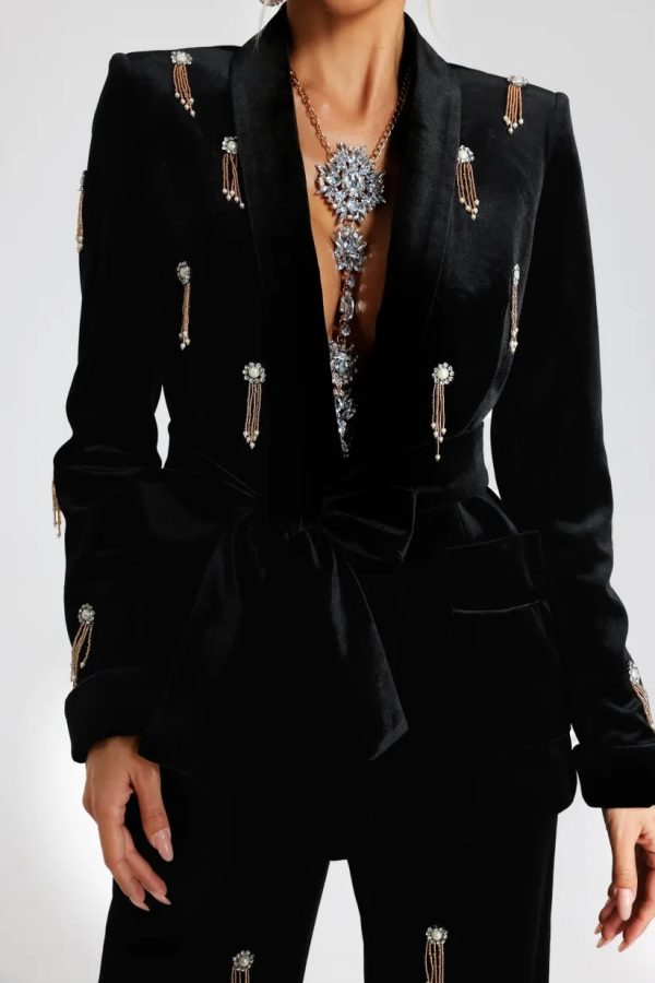 AIIZIE VELVET DIAMOND EMBELLISHED BLAZER 2 PIECE IN BLACK - product image