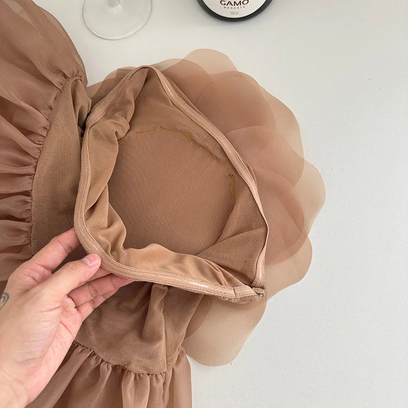 ALISA FLOWER TULLE STRAPLESS MINI DRESS IN BROWN