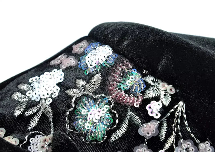 SEQUIN EMBROIDERED VELVET MIDI DRESS IN BLACK