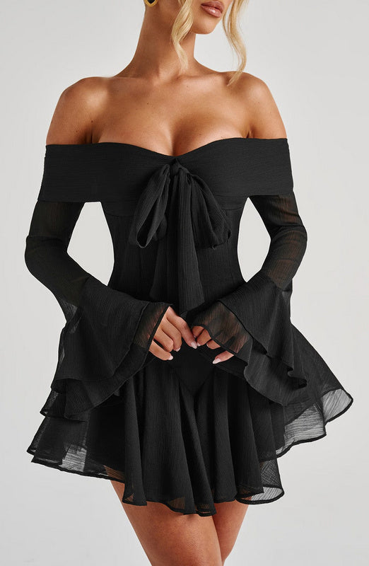Off-shoulder tie long-sleeved mini dress black