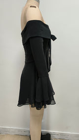 Off-shoulder tie long-sleeved mini dress black