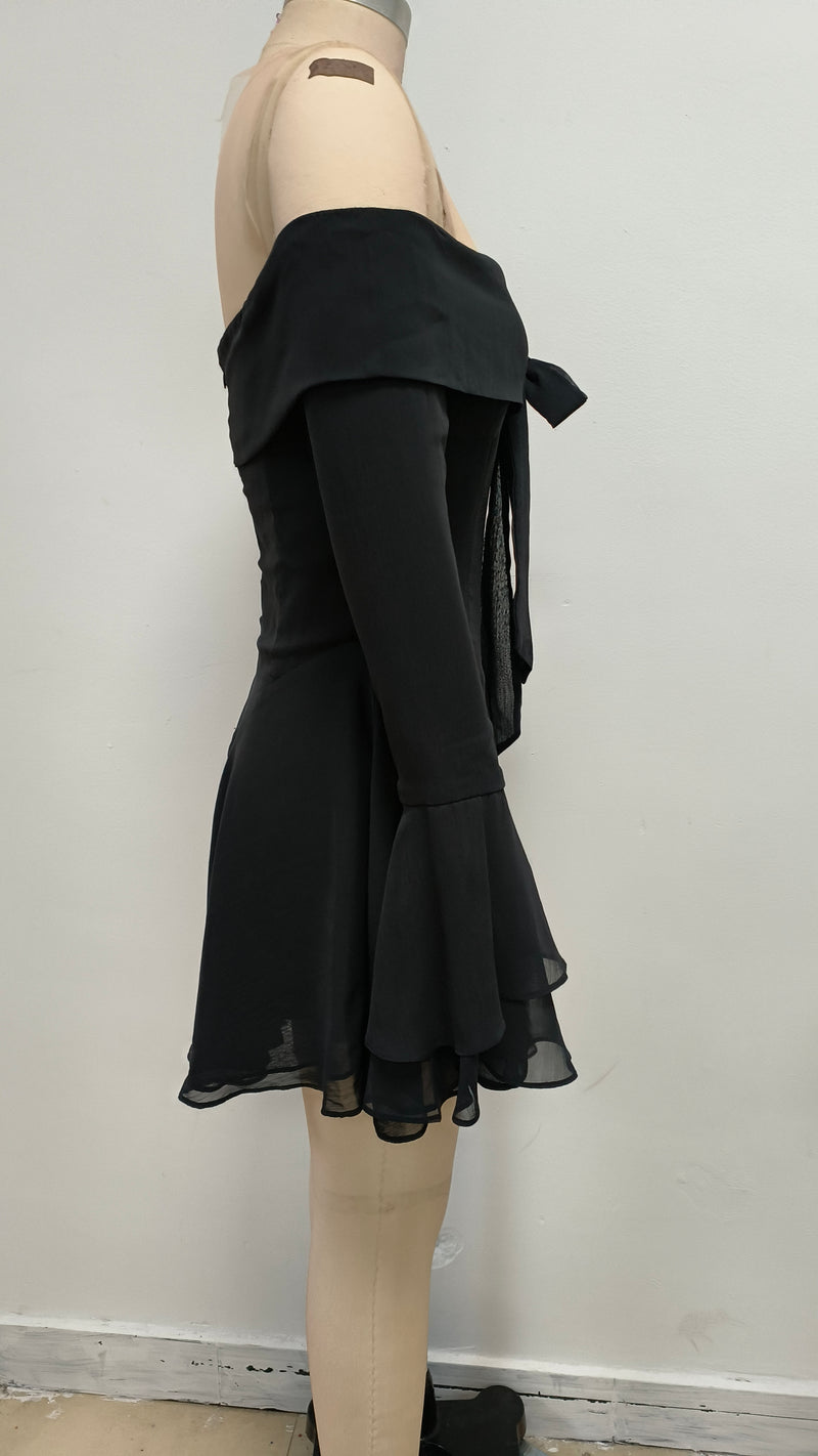 Off-shoulder tie long-sleeved mini dress black