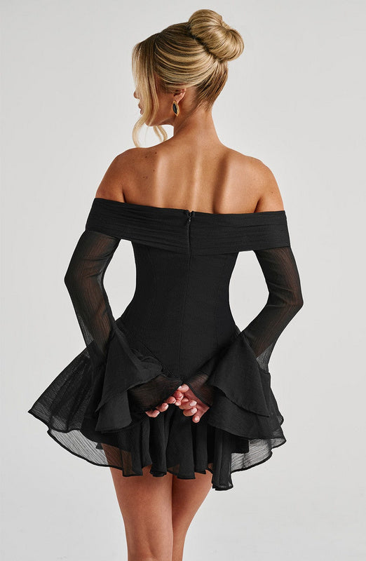 Off-Shoulder-Minikleid mit langen Ärmeln und Bindeband in Schwarz 