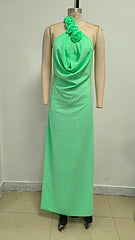 FLORAL HALTERNECK HIGH COLLAR MAXI DRESS GREEN