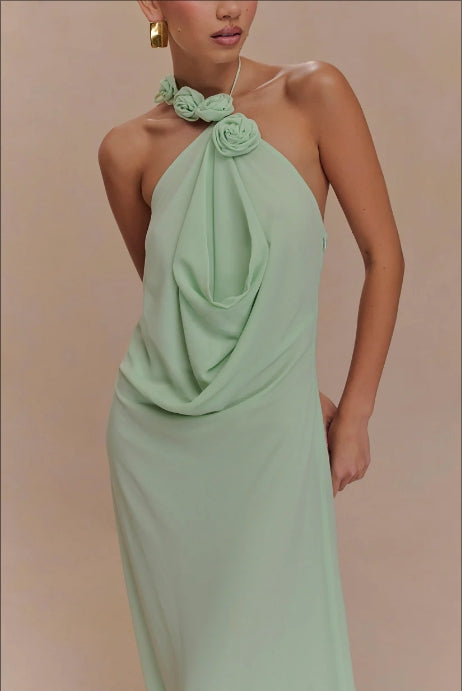 FLORAL HALTERNECK HIGH COLLAR MAXI DRESS GREEN