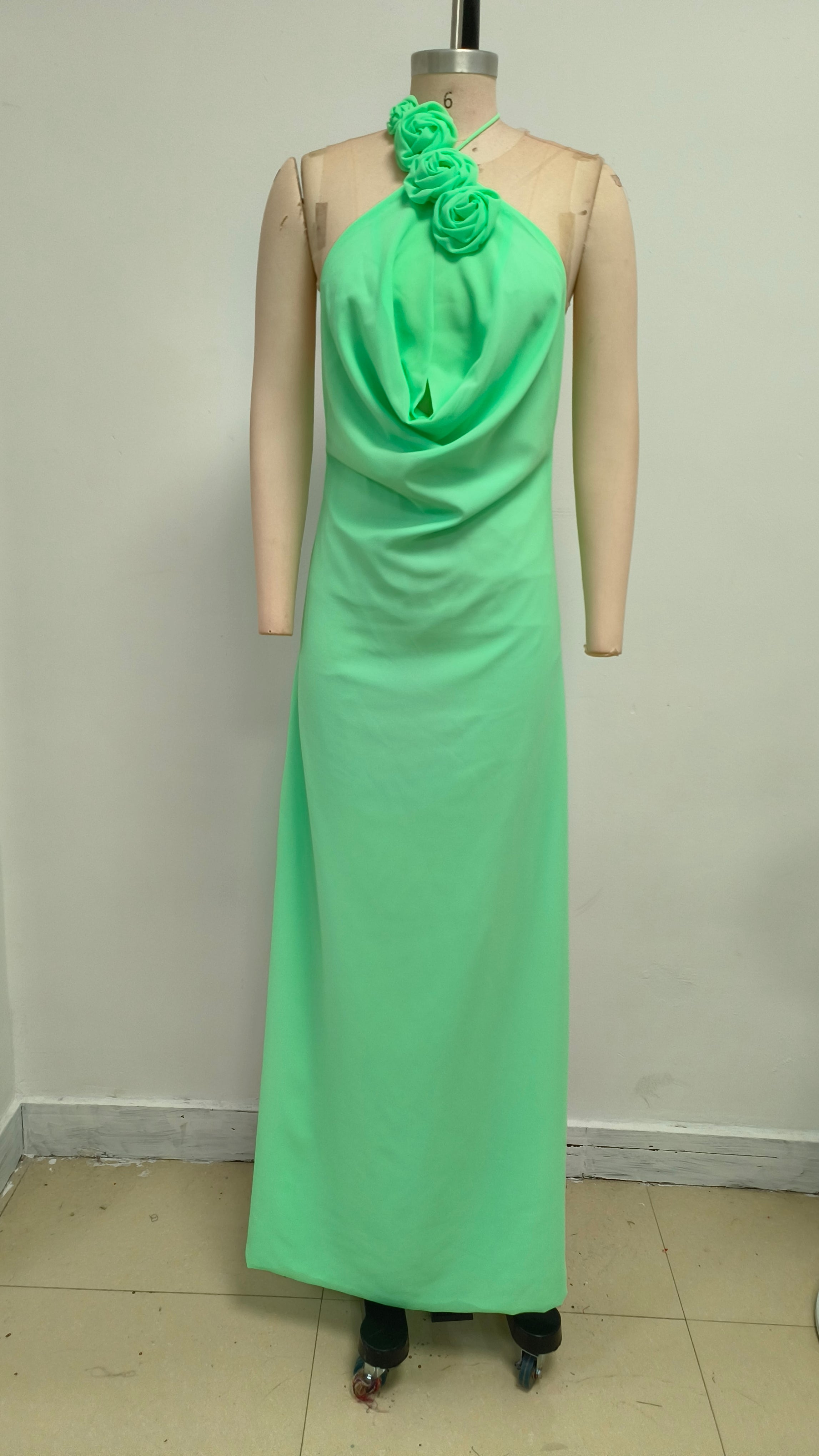 FLORAL HALTERNECK HIGH COLLAR MAXI DRESS GREEN
