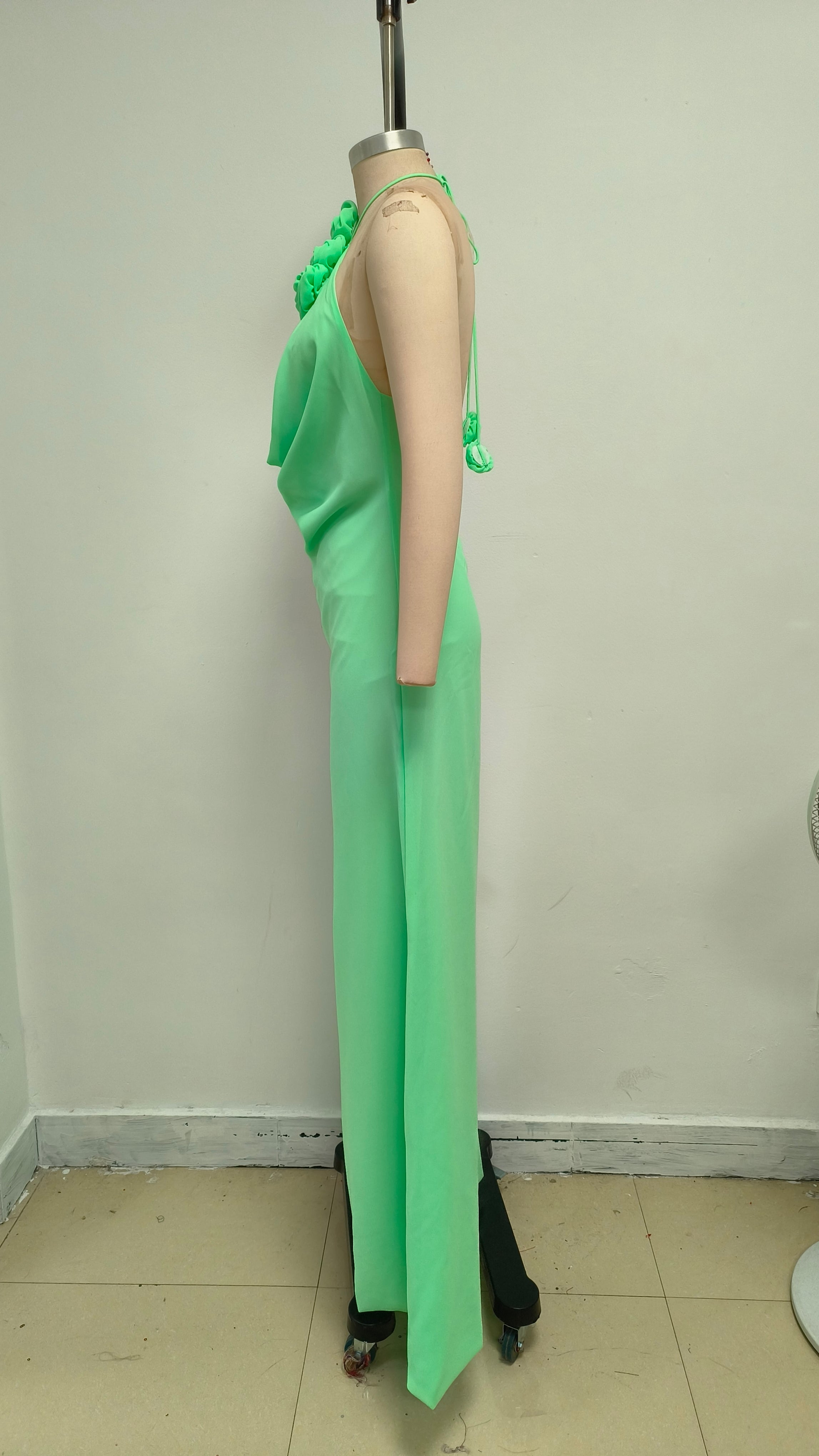FLORAL HALTERNECK HIGH COLLAR MAXI DRESS GREEN