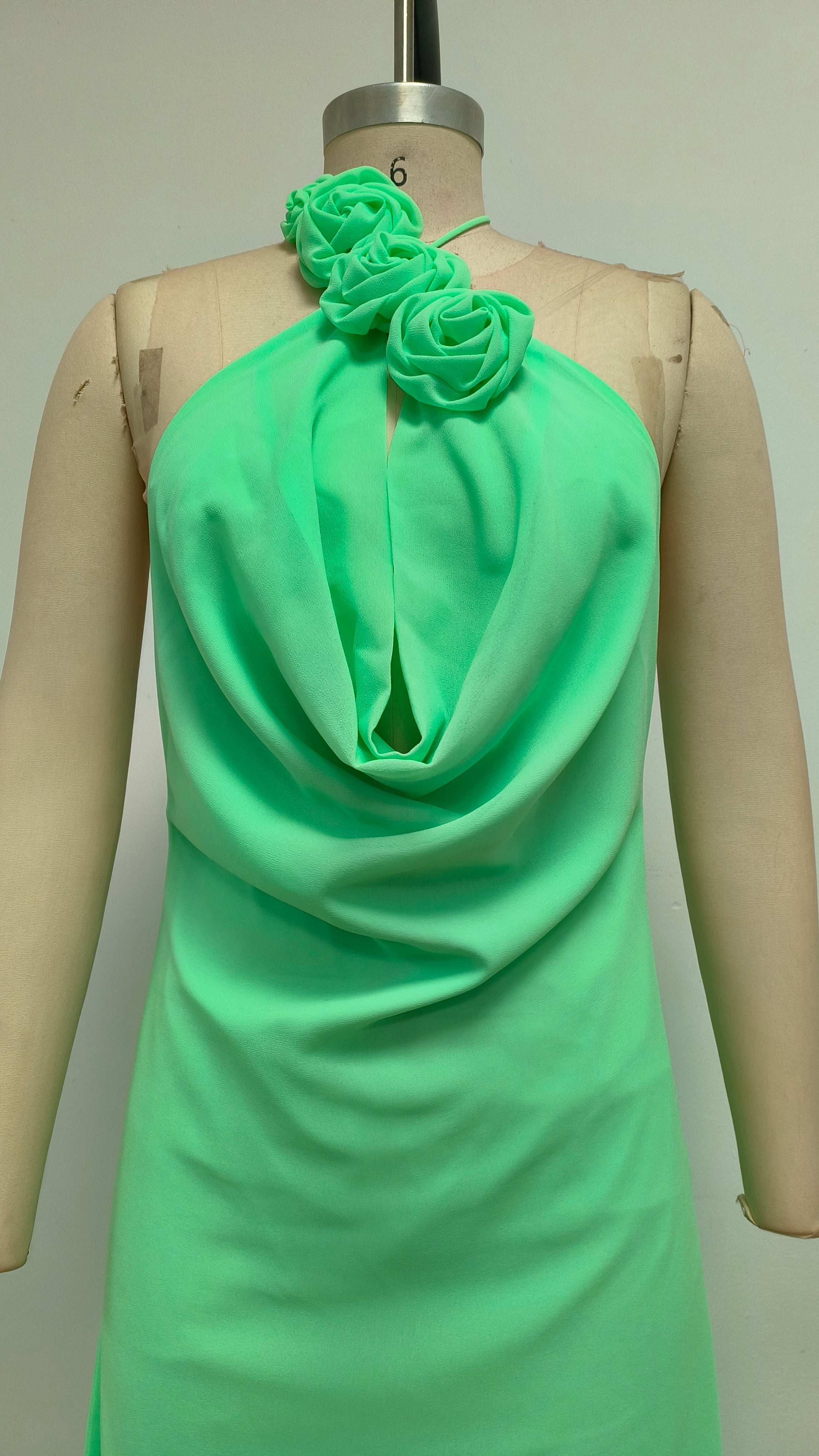 FLORAL HALTERNECK HIGH COLLAR MAXI DRESS GREEN