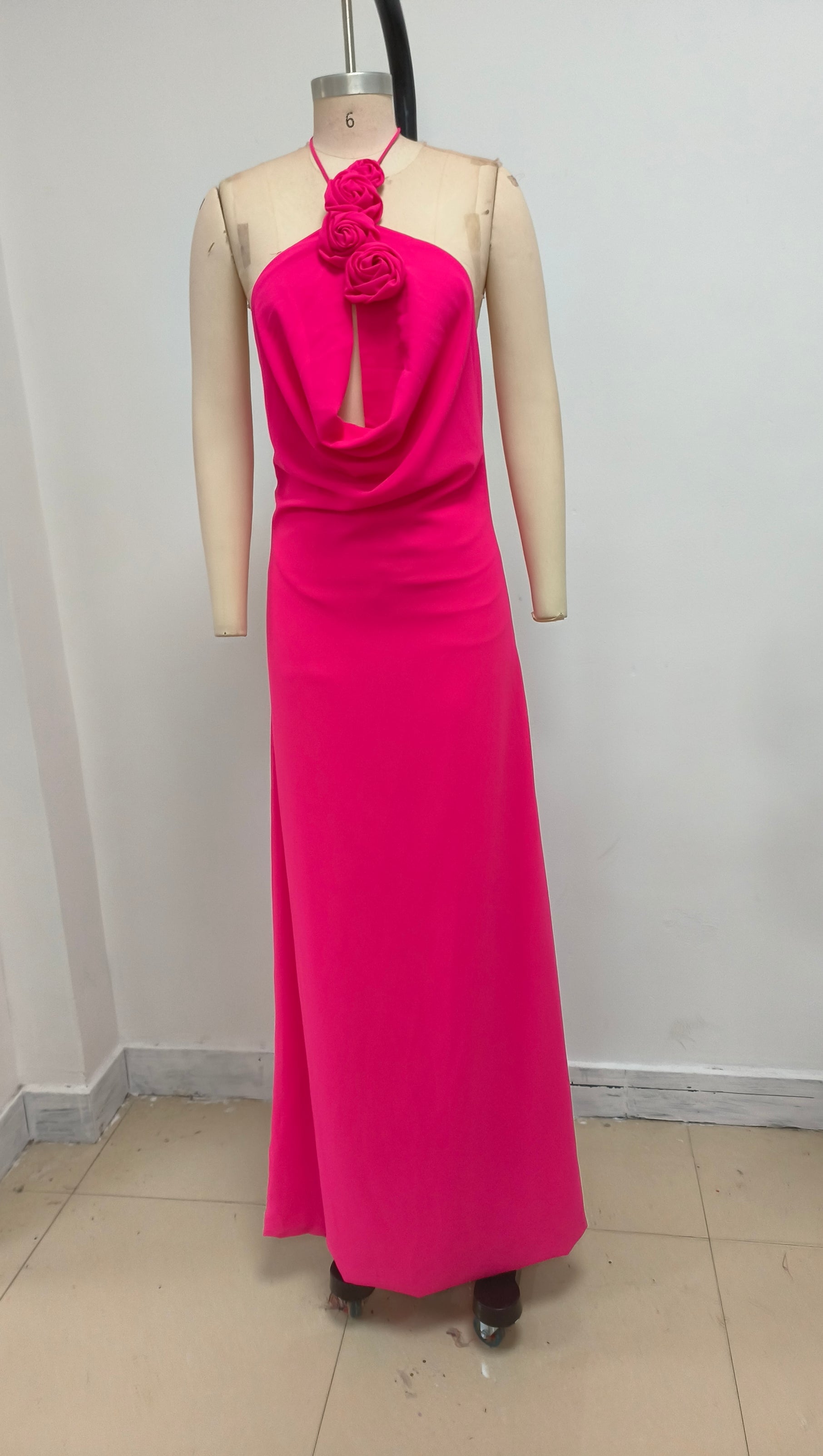FLORAL HALTERNECK HIGH COLLAR MAXI DRESS ROSE PINK