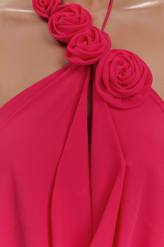 ABITO LUNGO CON COLLO ALTO E SCOLLO A LACCI FLOREALI ROSA