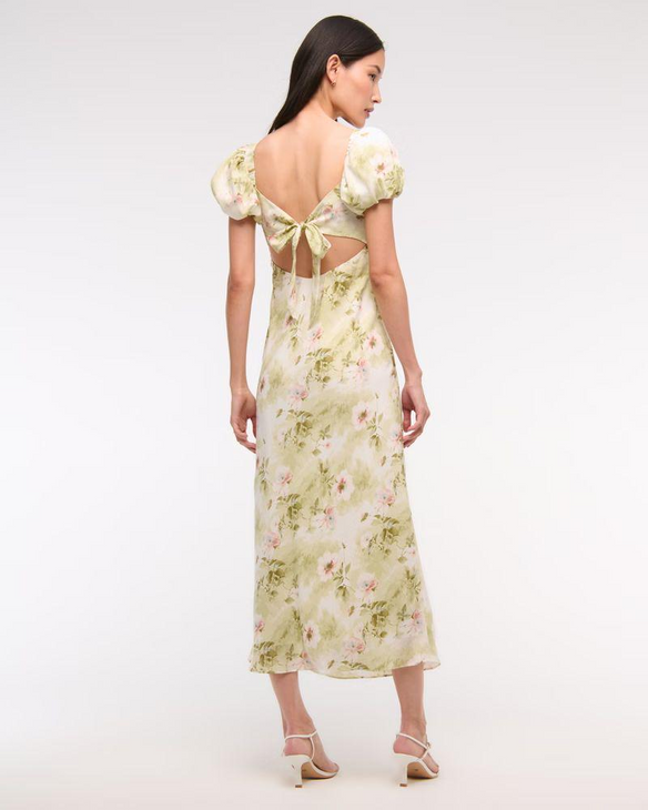 Kleid mit V-Ausschnitt und geblümten Puffärmeln