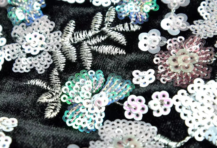 SEQUIN EMBROIDERED VELVET MIDI DRESS IN BLACK