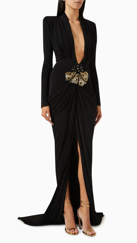 BLACK STRETCHY GOLD FLOWER EMBROIDERED V-NECK LONG SLEEVED MAXI DRESS