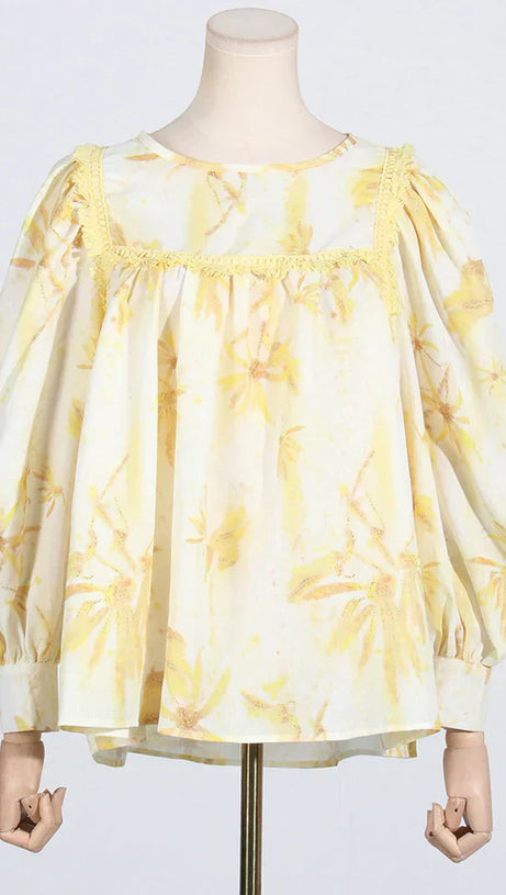 MABEL LAYER TRIM PRINT LANTERN SLEEVE MINI DRESS IN YELLOW